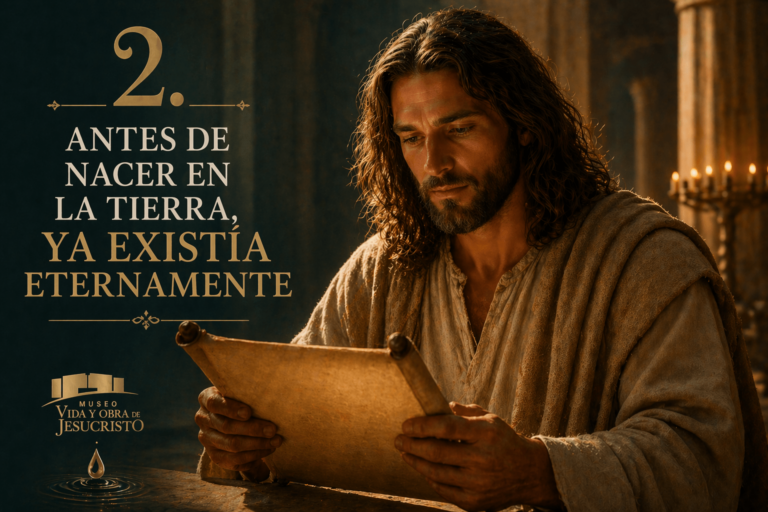 Imagen artística de Jesucristo leyendo un pergamino, con el tema 2 de la serie “50 cosas que quizá no sabías de Jesucristo”: “Antes de nacer en la tierra, ya existía eternamente”.